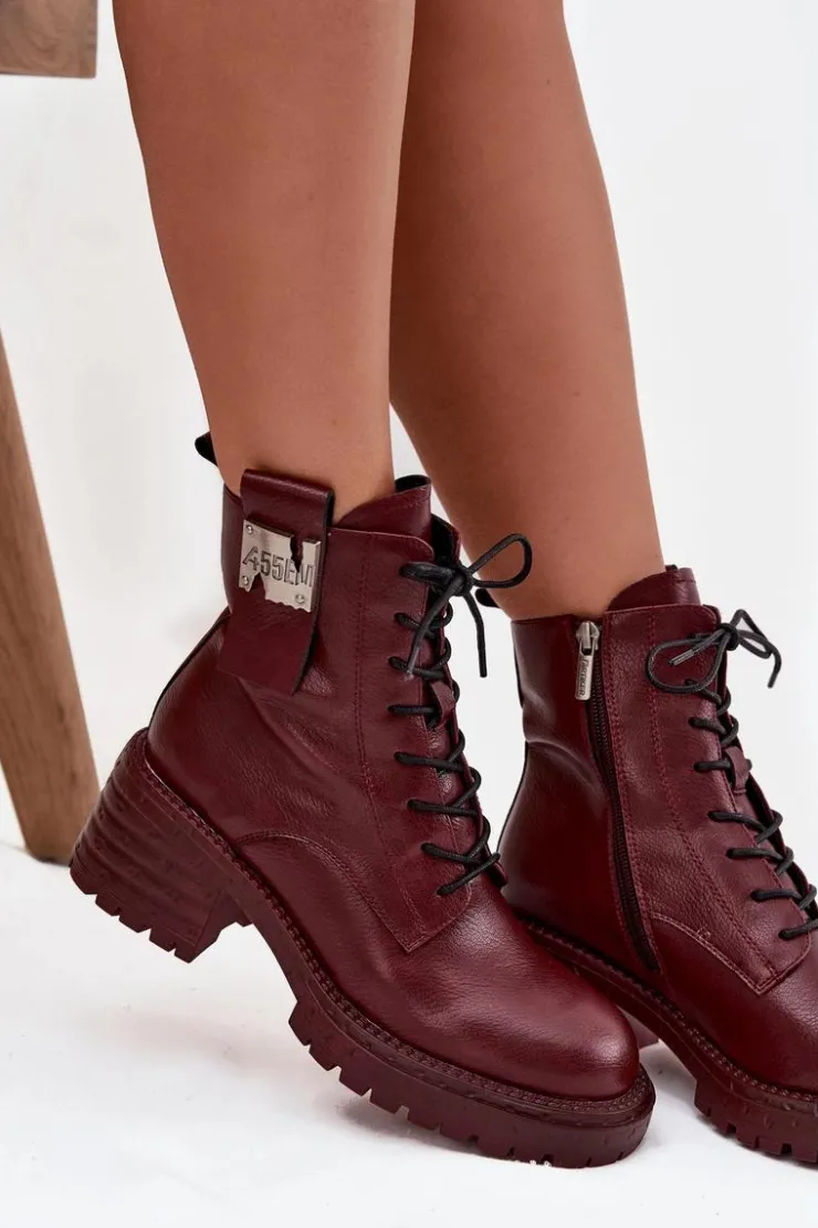 Damskie Artiker Skórzane Botki Workery Damskie Na Klocku Z Ozdobnym Detalem 57C0211 Bordowe
