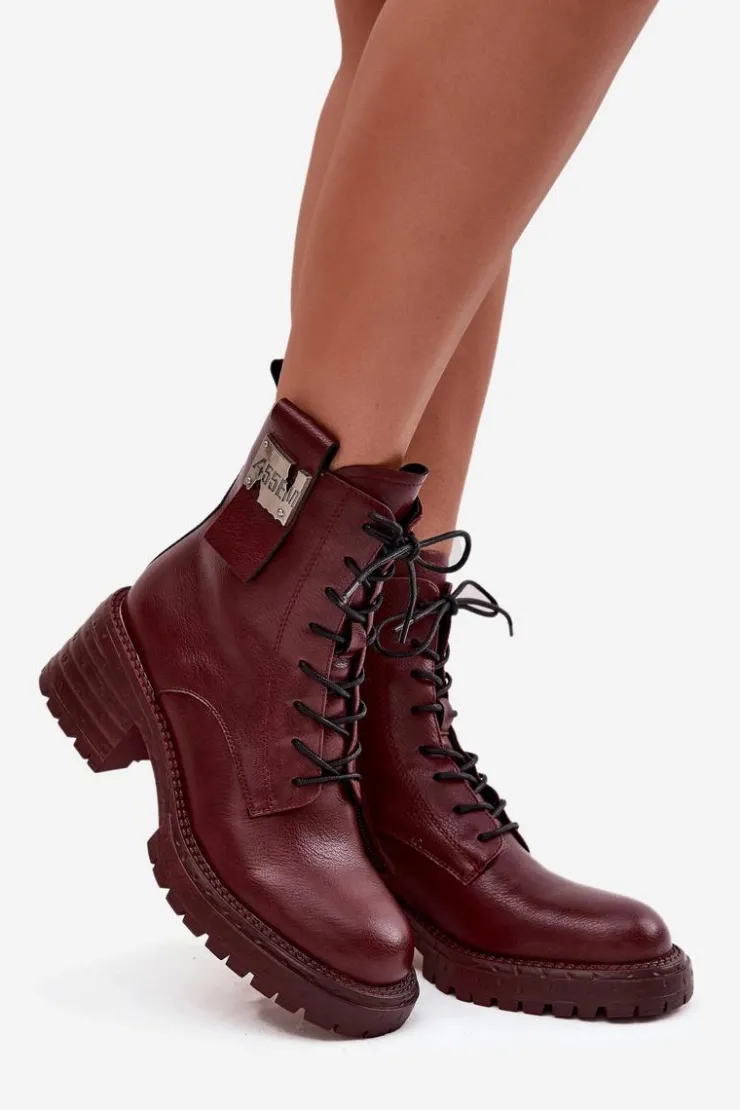 Damskie Artiker Skórzane Botki Workery Damskie Na Klocku Z Ozdobnym Detalem 57C0211 Bordowe