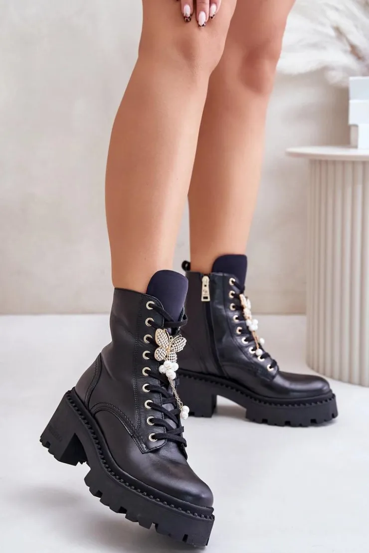 CheBello Botki Ocieplane|Damskie Trapery*Skórzane Botki Workery Damskie Z Motylem Czarne 4590