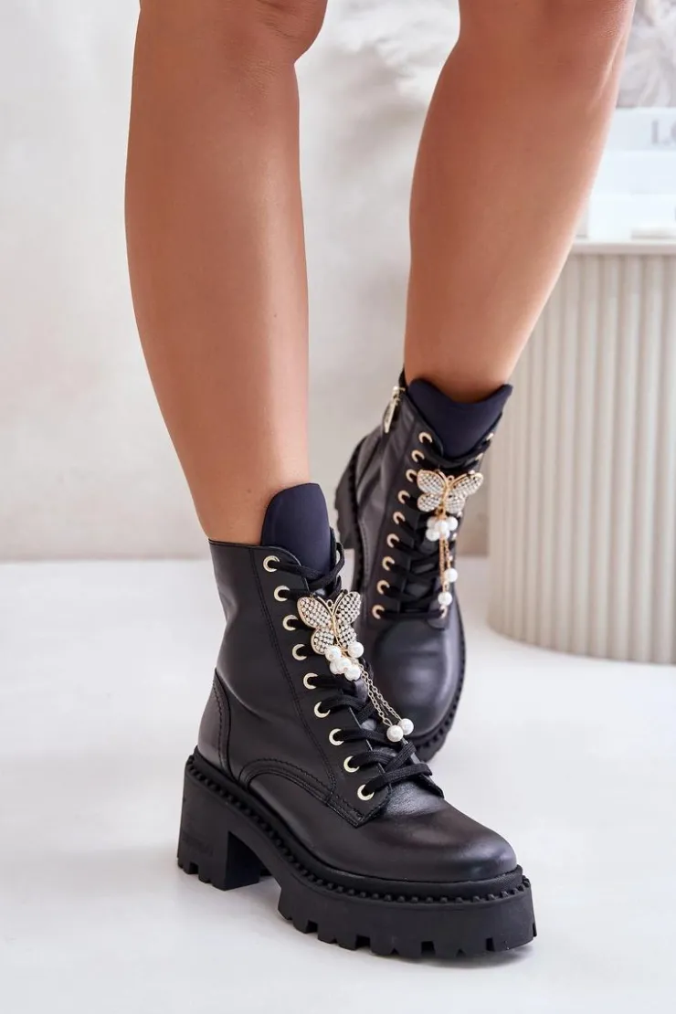 CheBello Botki Ocieplane|Damskie Trapery*Skórzane Botki Workery Damskie Z Motylem Czarne 4590