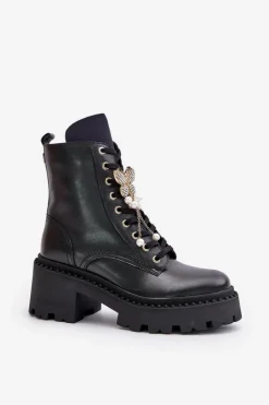 CheBello Botki Ocieplane|Damskie Trapery*Skórzane Botki Workery Damskie Z Motylem Czarne 4590