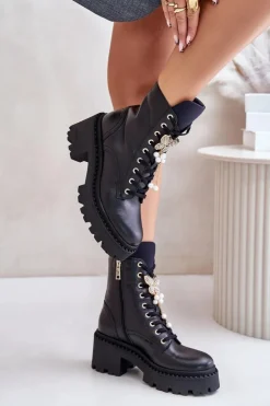 CheBello Botki Ocieplane|Damskie Trapery*Skórzane Botki Workery Damskie Z Motylem Czarne 4590