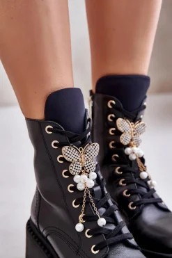 CheBello Botki Ocieplane|Damskie Trapery*Skórzane Botki Workery Damskie Z Motylem Czarne 4590