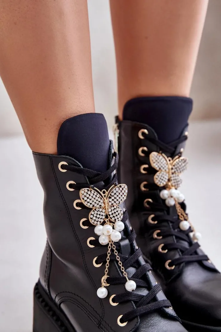 CheBello Botki Ocieplane|Damskie Trapery*Skórzane Botki Workery Damskie Z Motylem Czarne 4590