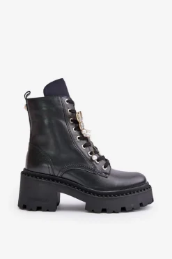 CheBello Botki Ocieplane|Damskie Trapery*Skórzane Botki Workery Damskie Z Motylem Czarne 4590