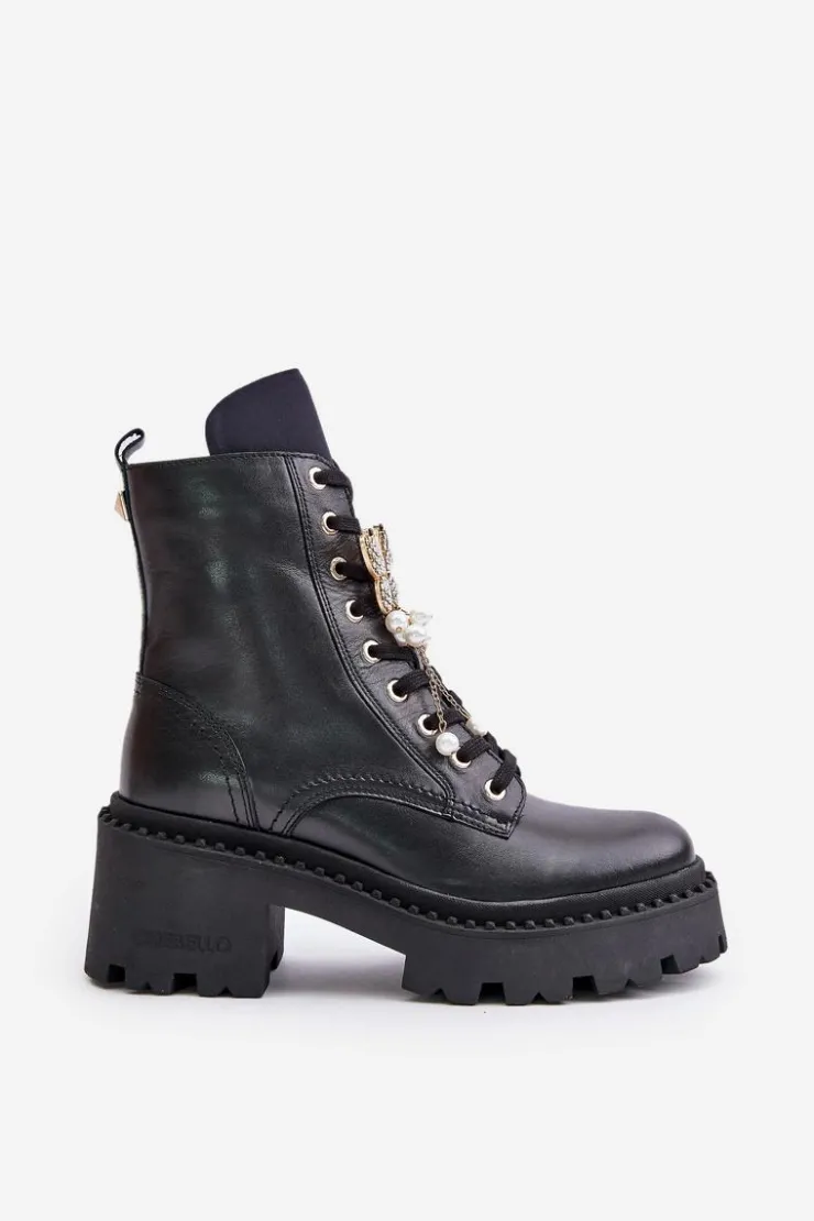 CheBello Botki Ocieplane|Damskie Trapery*Skórzane Botki Workery Damskie Z Motylem Czarne 4590