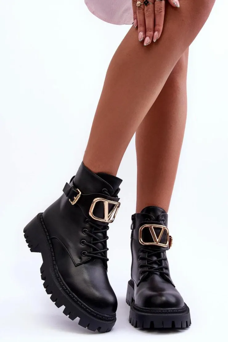 Boto Botki Sznurowane|Czarne Botki*Skórzane Botki Workery Damskie Z Ozdobą Czarne Lalede