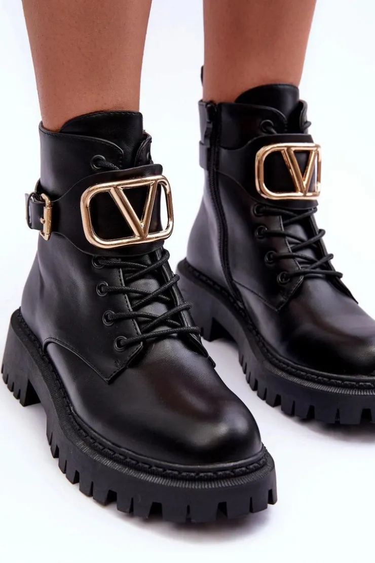 Boto Botki Sznurowane|Czarne Botki*Skórzane Botki Workery Damskie Z Ozdobą Czarne Lalede