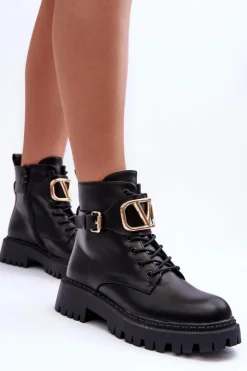 Boto Botki Sznurowane|Czarne Botki*Skórzane Botki Workery Damskie Z Ozdobą Czarne Lalede