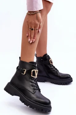 Boto Botki Sznurowane|Czarne Botki*Skórzane Botki Workery Damskie Z Ozdobą Czarne Lalede