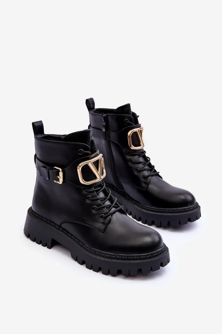 Boto Botki Sznurowane|Czarne Botki*Skórzane Botki Workery Damskie Z Ozdobą Czarne Lalede