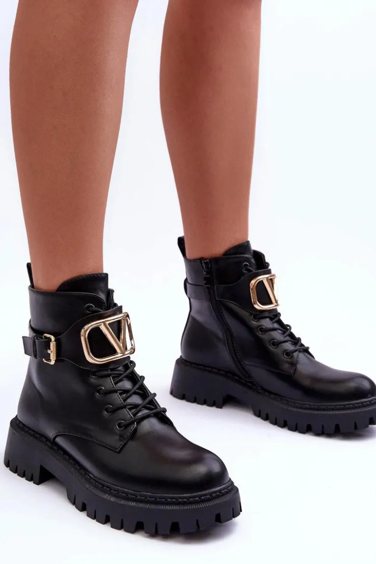 Boto Botki Sznurowane|Czarne Botki*Skórzane Botki Workery Damskie Z Ozdobą Czarne Lalede