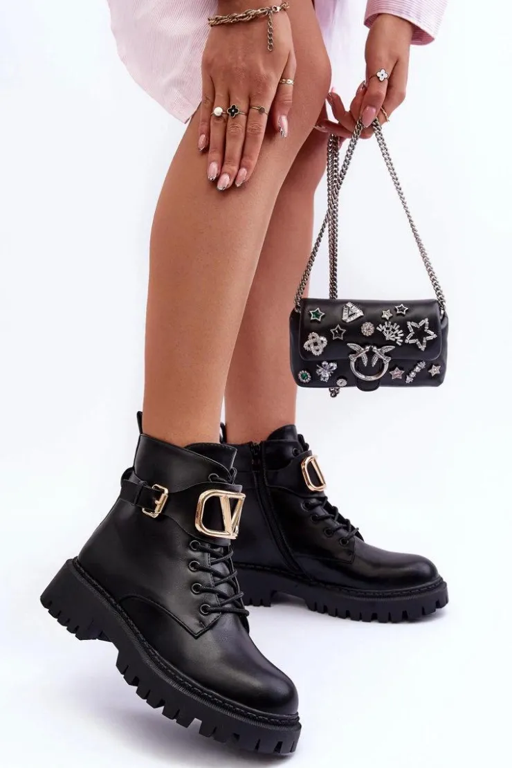 Boto Botki Sznurowane|Czarne Botki*Skórzane Botki Workery Damskie Z Ozdobą Czarne Lalede