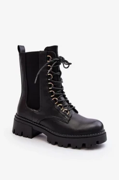 Damskie Boto Skórzane Botki Workery Damskie Czarne Charmea