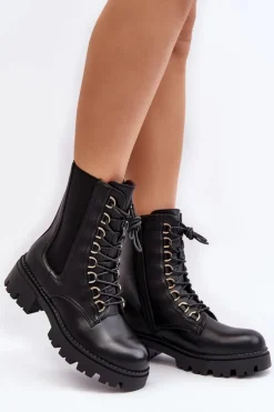 Damskie Boto Skórzane Botki Workery Damskie Czarne Charmea