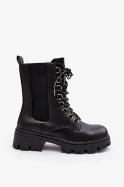 Damskie Boto Skórzane Botki Workery Damskie Czarne Charmea