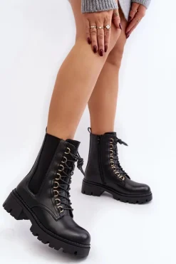 Damskie Boto Skórzane Botki Workery Damskie Czarne Charmea