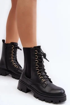 Damskie Boto Skórzane Botki Workery Damskie Czarne Charmea