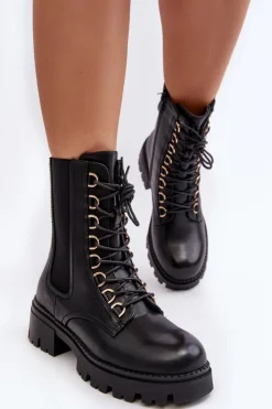 Damskie Boto Skórzane Botki Workery Damskie Czarne Charmea