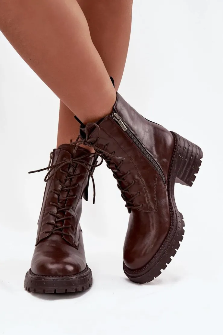 Damskie Artiker Skórzane Botki Workery Damskie Na Klocku Z Ozdobnym Detalem 57C0213 Brązowe