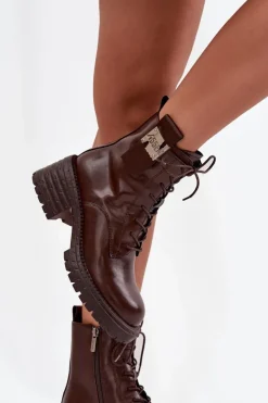 Damskie Artiker Skórzane Botki Workery Damskie Na Klocku Z Ozdobnym Detalem 57C0213 Brązowe