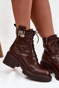 Damskie Artiker Skórzane Botki Workery Damskie Na Klocku Z Ozdobnym Detalem 57C0213 Brązowe