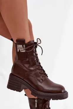 Damskie Artiker Skórzane Botki Workery Damskie Na Klocku Z Ozdobnym Detalem 57C0213 Brązowe