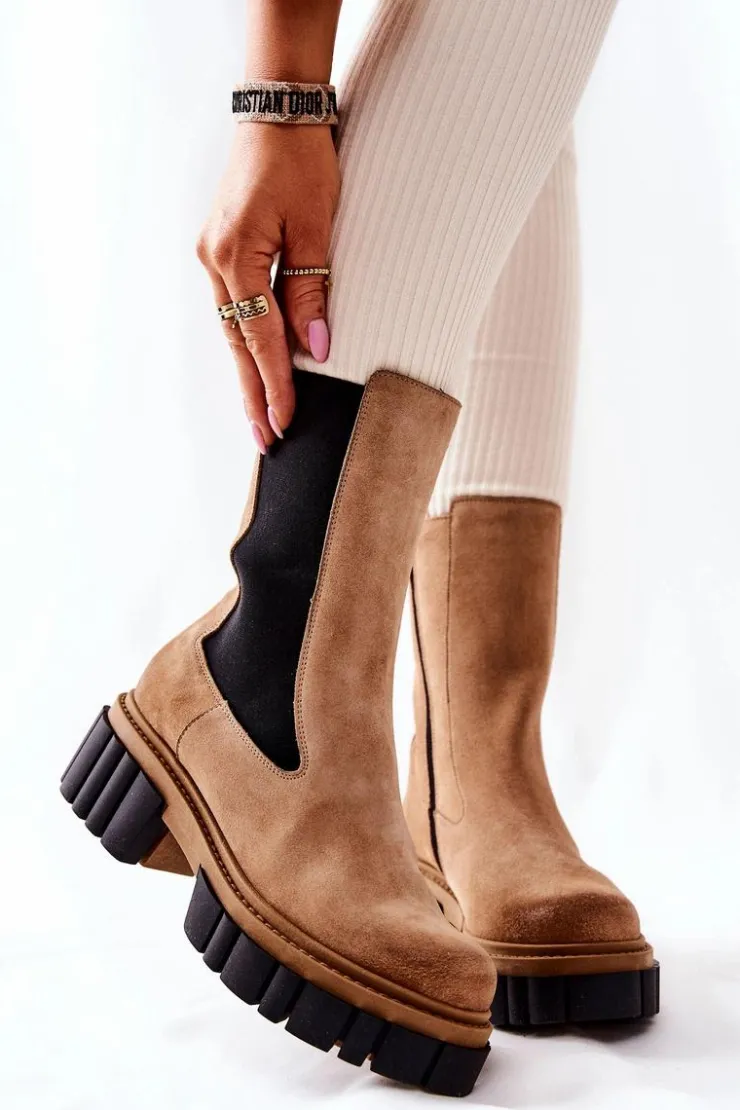 Damskie Laura Messi Skórzane Botki Workery Beżowe 2421