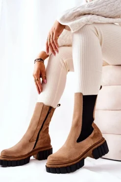 Damskie Laura Messi Skórzane Botki Workery Beżowe 2421