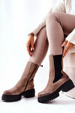 Laura Messi Botki Zimowe Damskie|Brązowe I Beżowe Botki*Skórzane Botki Workery Ciemnobeżowe 2421