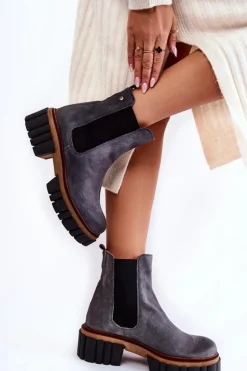 Sale Maciejka Skórzane Botki Workery Szare 05312-03