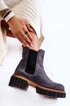 Sale Maciejka Skórzane Botki Workery Szare 05312-03