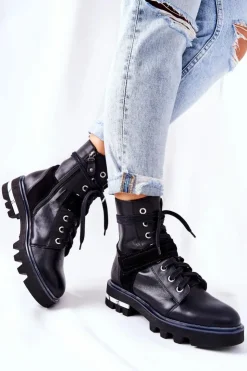 Maciejka Botki Maciejka|Botki Sznurowane*Skórzane Botki Workery Czarne 05219-01