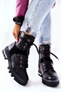 Maciejka Botki Maciejka|Botki Sznurowane*Skórzane Botki Workery Czarne 05219-01