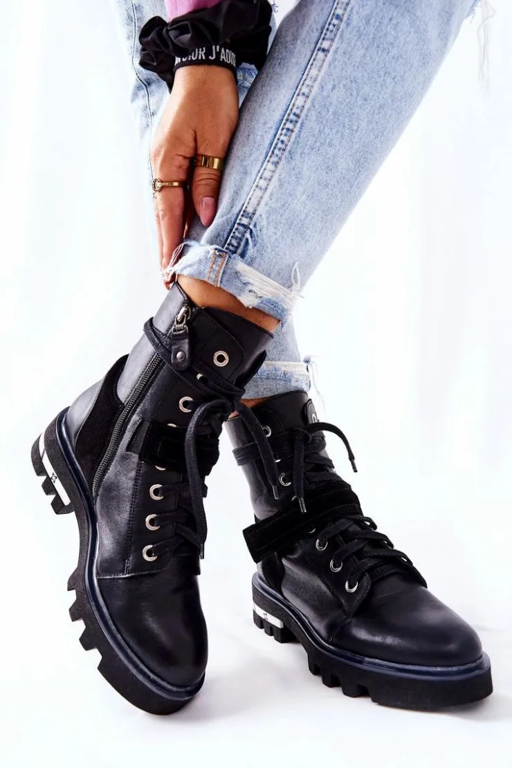 Maciejka Botki Maciejka|Botki Sznurowane*Skórzane Botki Workery Czarne 05219-01