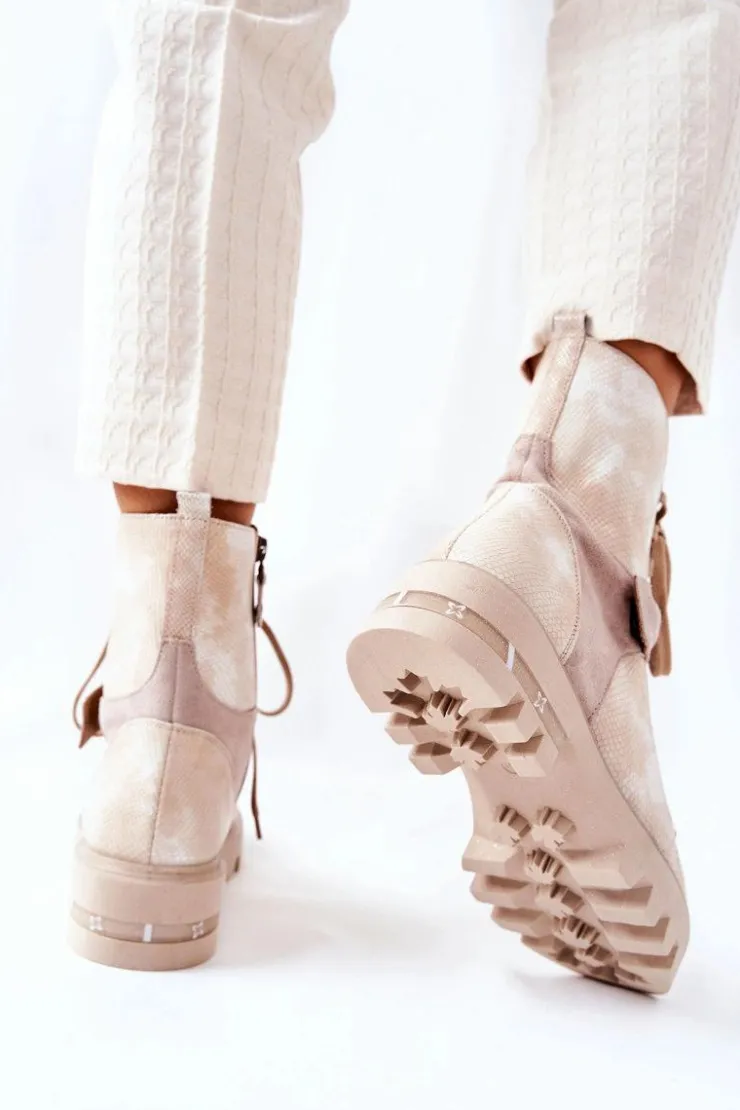 New Maciejka Skórzane Botki Workery Beżowe 05219-04