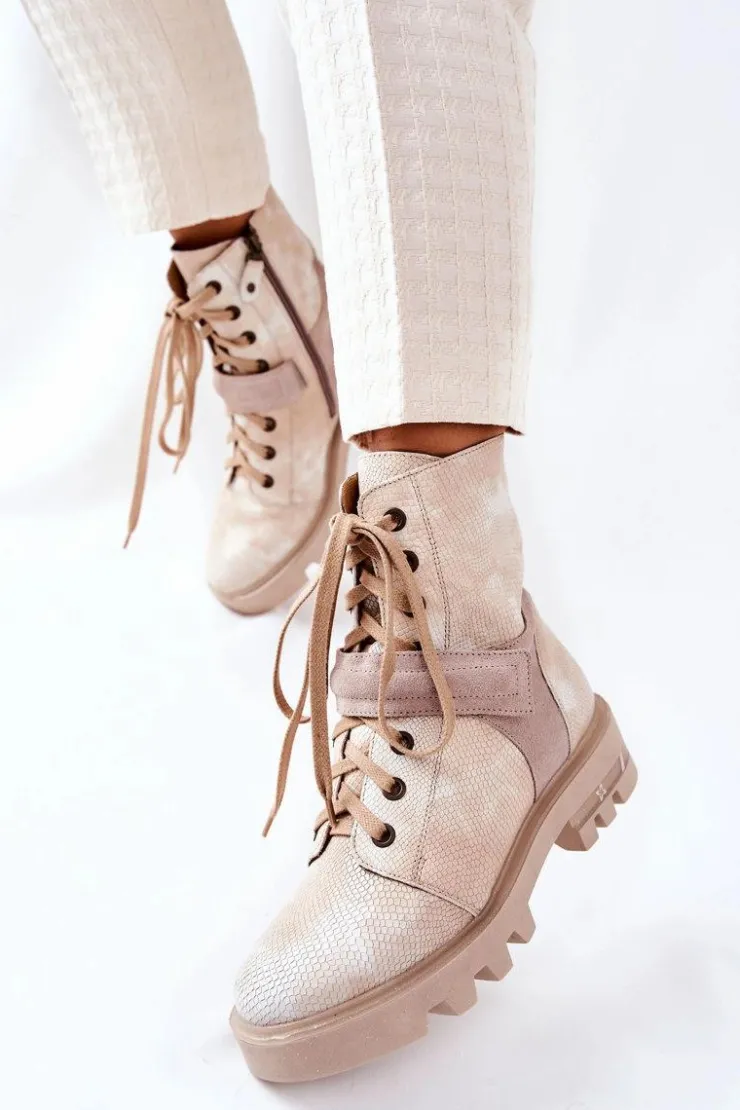 New Maciejka Skórzane Botki Workery Beżowe 05219-04