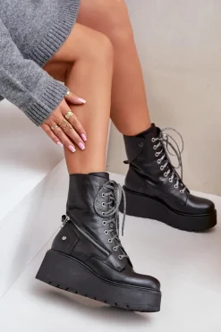 Maciejka Botki Ocieplane|Botki Maciejka*Skórzane Botki Workery Na Platformie I Koturnie 06676-01 Czarne Czarny