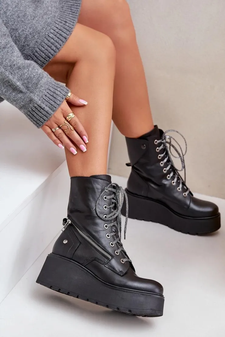 Maciejka Botki Ocieplane|Botki Maciejka*Skórzane Botki Workery Na Platformie I Koturnie 06676-01 Czarne Czarny