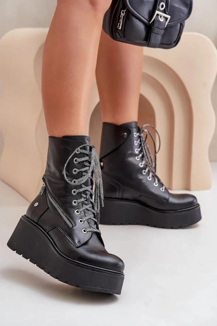 Maciejka Botki Ocieplane|Botki Maciejka*Skórzane Botki Workery Na Platformie I Koturnie 06676-01 Czarne Czarny