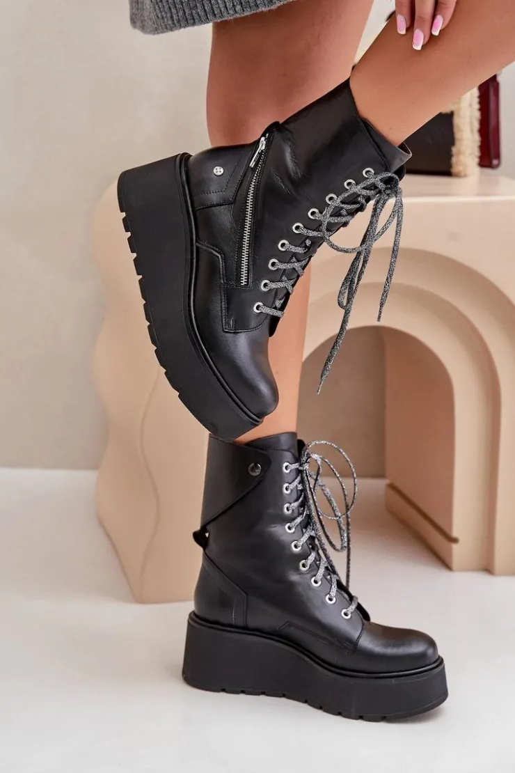 Maciejka Botki Ocieplane|Botki Maciejka*Skórzane Botki Workery Na Platformie I Koturnie 06676-01 Czarne Czarny