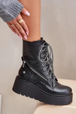 Maciejka Botki Ocieplane|Botki Maciejka*Skórzane Botki Workery Na Platformie I Koturnie 06676-01 Czarne Czarny