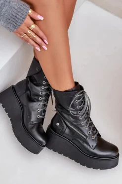 Maciejka Botki Ocieplane|Botki Maciejka*Skórzane Botki Workery Na Platformie I Koturnie 06676-01 Czarne Czarny