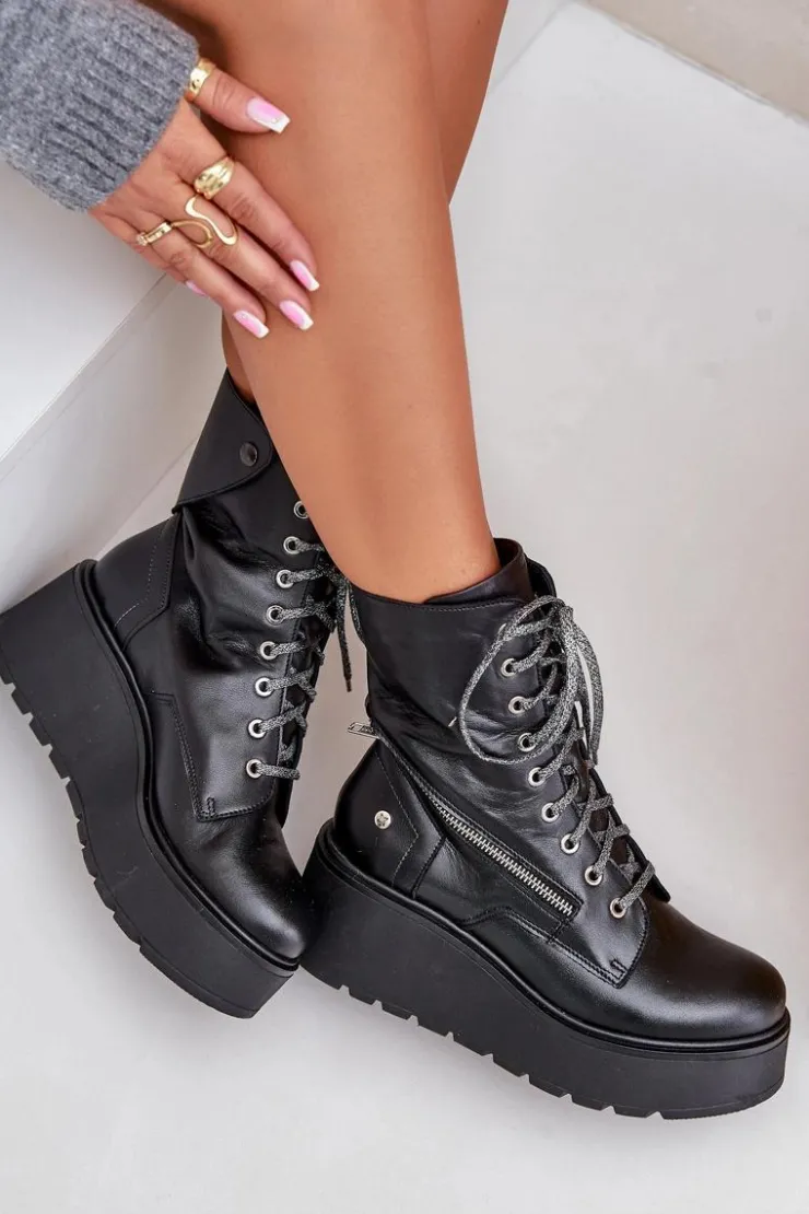 Maciejka Botki Ocieplane|Botki Maciejka*Skórzane Botki Workery Na Platformie I Koturnie 06676-01 Czarne Czarny