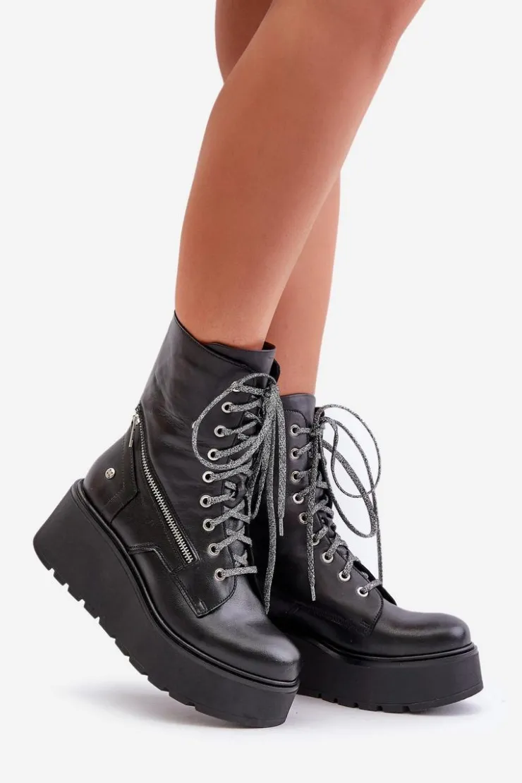 Maciejka Botki Ocieplane|Botki Maciejka*Skórzane Botki Workery Na Platformie I Koturnie 06676-01 Czarne Czarny