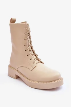 Damskie Boto Skórzane Botki Workery Na Płaskim Obcasie Jasnobeżowe Aganne