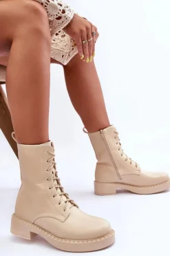 Damskie Boto Skórzane Botki Workery Na Płaskim Obcasie Jasnobeżowe Aganne