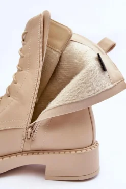 Damskie Boto Skórzane Botki Workery Na Płaskim Obcasie Jasnobeżowe Aganne