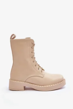 Damskie Boto Skórzane Botki Workery Na Płaskim Obcasie Jasnobeżowe Aganne