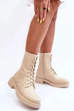 Damskie Boto Skórzane Botki Workery Na Płaskim Obcasie Jasnobeżowe Aganne